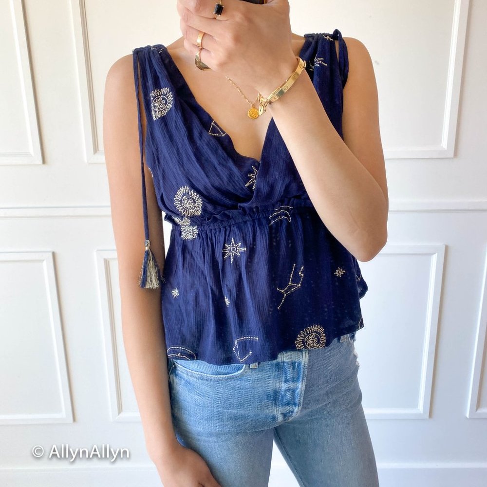 Women's Navy Celestial Embroidered Sleeveless Top